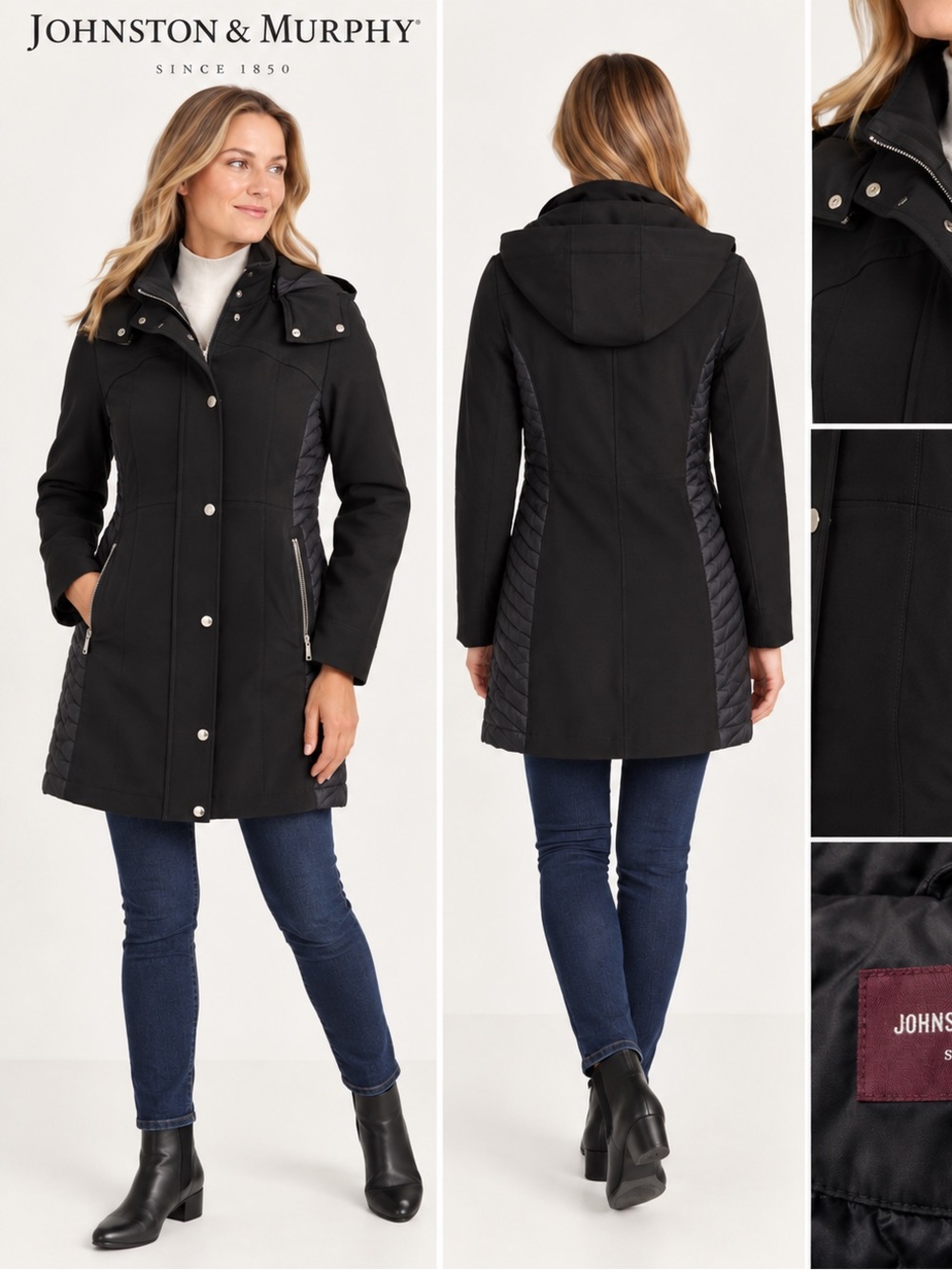 Johnston & Murphy Black Quilted-Panel Trench Coat